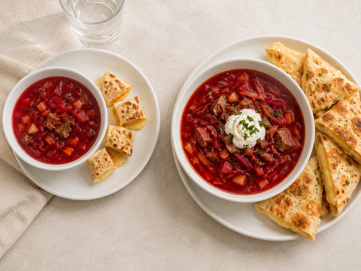 Червоний борщ із мясом, лаваш із твердим сиром