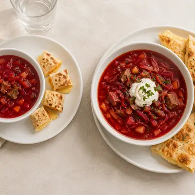 Червоний борщ із мясом, лаваш із твердим сиром
